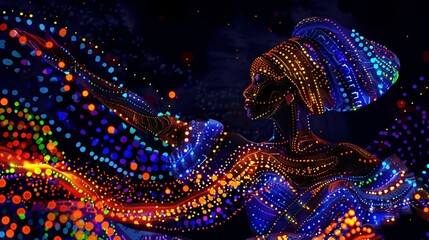 A black woman dancing in a traditional outfit depicted with vibrant and rhythmic colors in 3D embossed mosaic dots