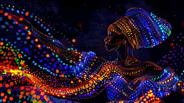 A black woman dancing in a traditional outfit depicted with vibrant and rhythmic colors in 3D embossed mosaic dots