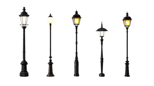 Collection set of Beautiful light park on transparent background. Lamp loft style. Lighting in design. Retro style.