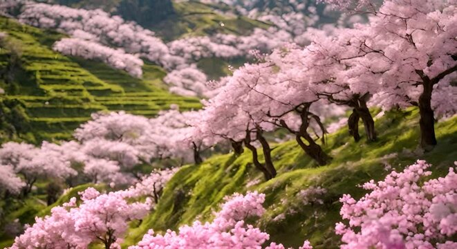 Witness a picturesque scene of pink flowers swaying gently on a lush green hillside, landscape