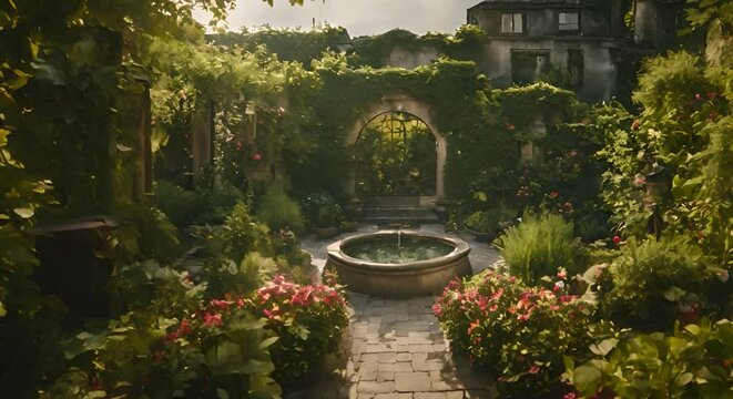 A mesmerizing garden oasis unfolds before your eyes, with a stunning fountain at center surrounded by a vibrant array of blooming flowers in full bloom, landscape