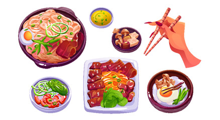Korean food icon. Asian rice meal cartoon vector. Korea noodle, pork and meat dish isolated menu set. Cooked delicious bulgogi. Plate with mushroom, salad and stick in hand. Asia restaurant drawing - obrazy, fototapety, plakaty