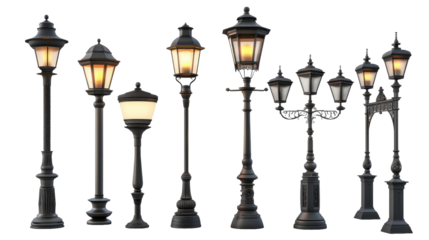 Collection set of Beautiful light park on transparent background. Lamp loft style. Lighting in design. Retro style.