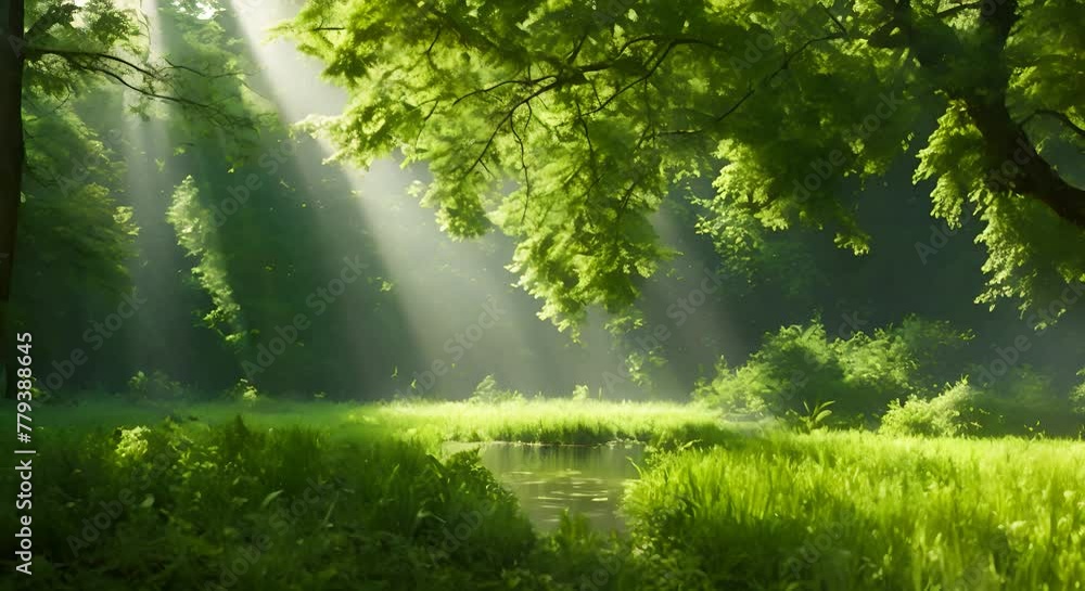 Poster sunlight filters through the dense canopy of trees in the forest, casting a mesmerizing glow on the 