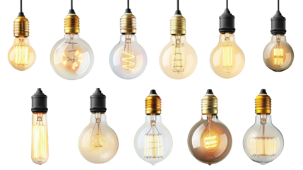Collection set of Beautiful vintage light decor. Lamp loft style. Lighting in design. Retro style. Outdoor light bulb on transparent background.