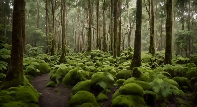 Discover the magical of a lush karri forest, where every corner is covered with vibrant green moss, landscape