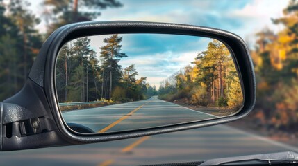 Rear view mirror in a car. Monitoring the road through the car's rear-view mirror.