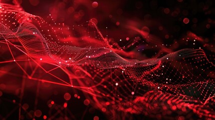 Abstract red tech background with digital waves, Dynamic network system, Artificial neural connections, Technology background. - obrazy, fototapety, plakaty