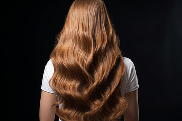 Woman with luxurious long wavy hair, back view on dark background.
