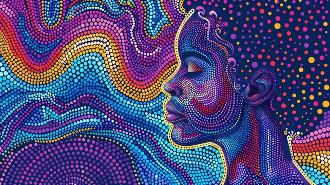 A black woman meditating in a quiet space illustrated with calming purples and blues in 3D embossed dots