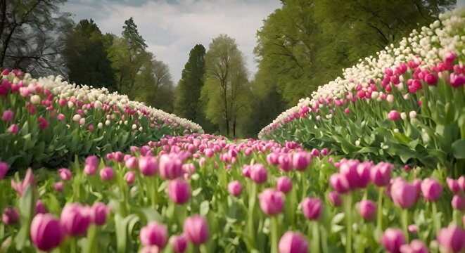 A breathtaking unfolds before your eyes as a field is covered in a sea of pink and white tulips swaying gently in the breeze, landscape