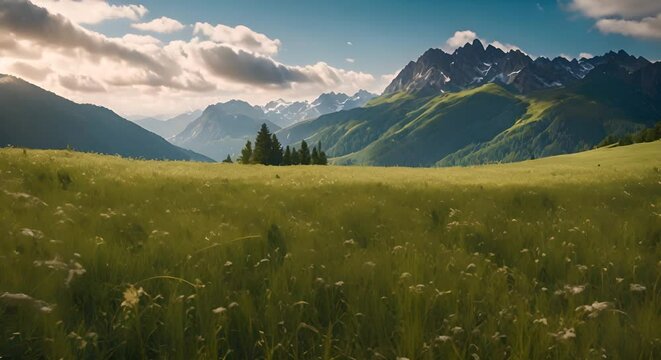 Nestled in a serene alpine meadow, a vast expanse of lush green grass stretches out towards majestic snow-capped mountains in the background, landscape