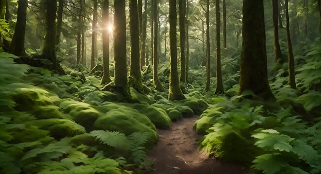 Rays of sunlight filter through the lush green leaves of the trees in the forest, landscape