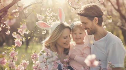 A happy family wearing bunny ears is sitting in a field of flowers, smiling and sharing gestures of joy in the natural landscape. Fun adaptation to nature, people enjoying the grassy surroundings