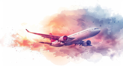 watercolor illustration of colorful plane with cloud - obrazy, fototapety, plakaty