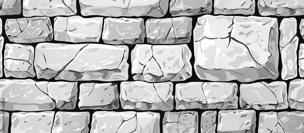 Poster a monochrome drawing of a brick wall featuring grey rectangles and a repetitive pattern. the buildin