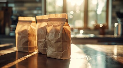 Brown paper bags on table in warm sunlight.