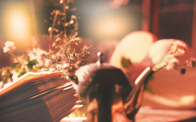 Open book and blurred living room background, cottage house, farm house, sunlight and afternoon...