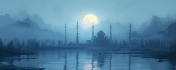Mystical Mosque Silhouette Under Moon - obrazy, fototapety, plakaty