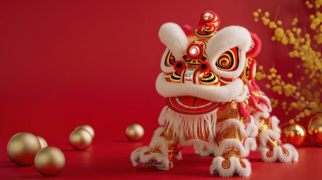 Chinese lion costume used during Chinese New Year celebration ,isolate on red background