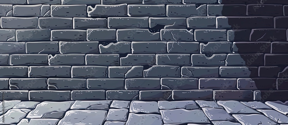Poster a rectangular building with grey brickwork stands behind a brick floor, creating a beautiful pattern