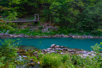 Wooden footbridge over Tara river in Montenegro