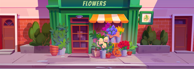 Flower shop facade in city street. Vector cartoon illustration florist store front with wooden door and window, flowerpots and color bouquets in buckets, green bushes on pavement, red brick wall
