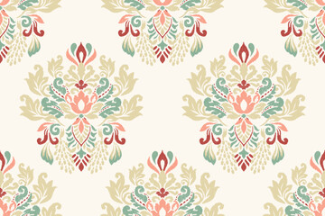 Fototapeta na wymiar Damask Ikat floral seamless pattern on white background vector illustration.Ikat texture fabric.