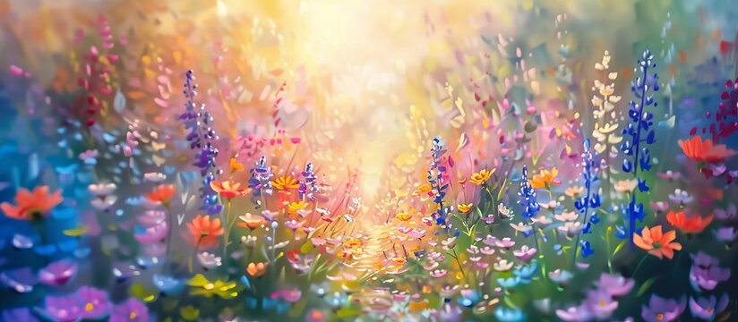 abstract blurred floral background. a field of colorful wildflowers and a path at sunrise painted with oil paints. colors of rainbow 