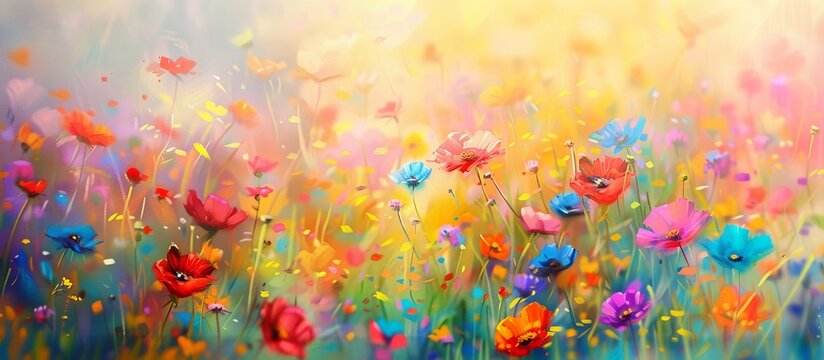 abstract blurred floral background. field of colorful wildflowers at sunrise painted with oil paints. colors of rainbow -