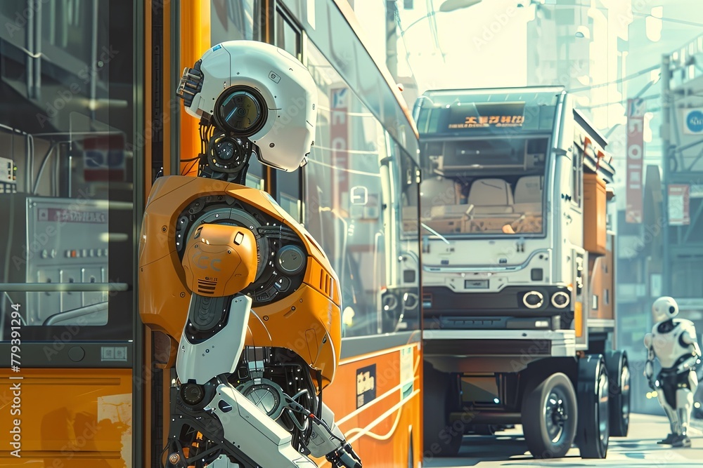 Poster a robot standing next to a bus, showcasing technology and ai in urban settings. generative ai
