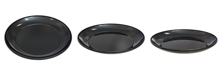 Black ceramic plate set for restaurant food table 3d render illustration