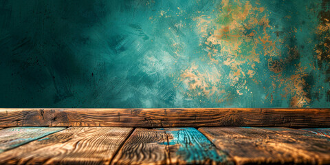 Rustic Wooden Table Against Textured Turquoise Wall Background