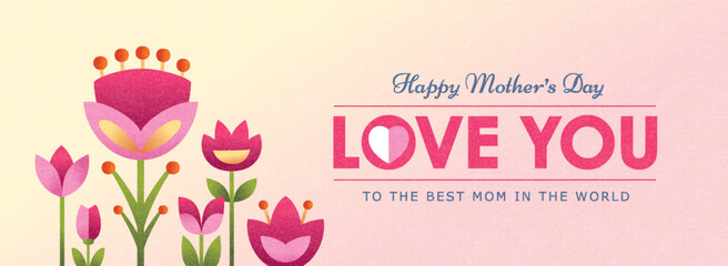 Happy Mother's Day greeting cards with beautiful blossom flowers in flat geometric style. Vector background for banner, poster