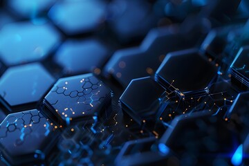 Abstract black hexagonal geometric structure background with 3d shape, light, and molecular concept - obrazy, fototapety, plakaty