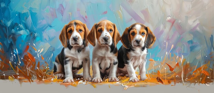 bright beautiful cute Beagle puppies against a background of mountains painted with oil paints.