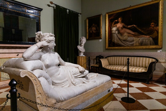 Possagno, Treviso, Italia. March 30 2024. Canova's artworks in the Gypsoteca Museum in Possagno. Sculpture casts and artist's proofs of extreme workmanship and refinement. neoclassical sculpture.