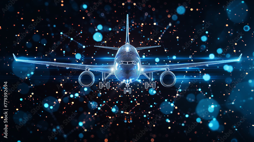 Poster an artistic and imaginative 3d illustration featuring an airplane gracefully flying above a complex 
