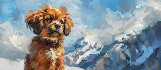 bright beautiful cute Tibetan Spaniel puppies against a background of mountains painted with oil paints - obrazy, fototapety, plakaty