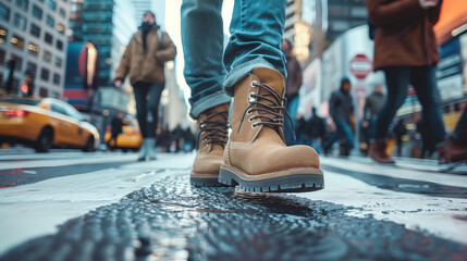 A group of people, including a man in boots, walking down a city street lined with tall buildings