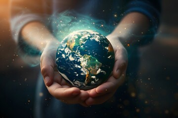 Hands holding a globe, symbolizing global unity to save the earth and protect the environment