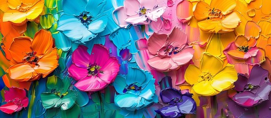 bright colorful flowers and rainbow painted with oil paints. colors of rainbow