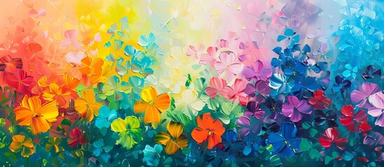 bright colorful flowers and rainbow painted with oil paints. colors of rainbow