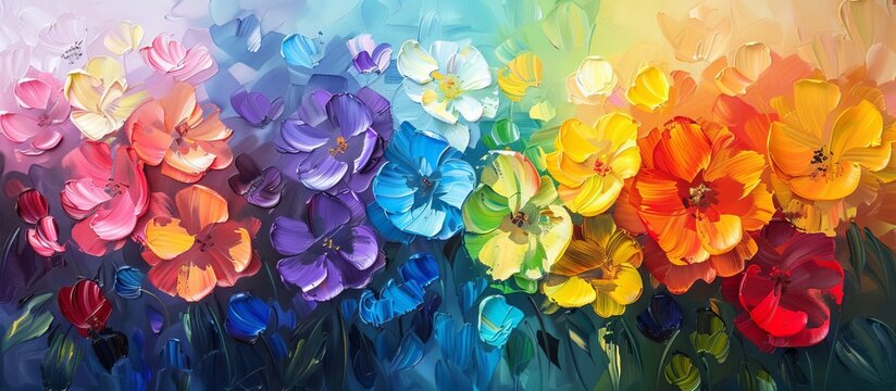 bright colorful flowers and rainbow painted with oil paints. colors of rainbow