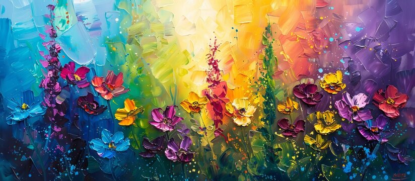 bright colorful flowers and rainbow painted with oil paints. colors of rainbow