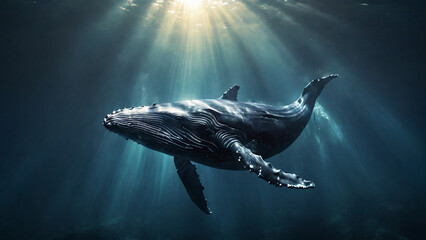 Humpback whale swimming underwater with sunrays. 3D rendering - obrazy, fototapety, plakaty