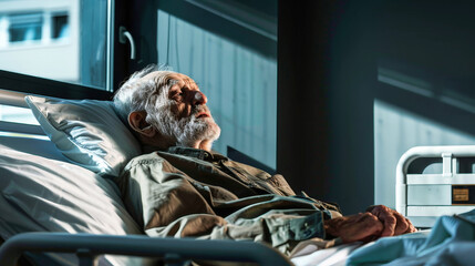 An elderly man peacefully rests on a hospital bed in a serene room. Soft light filters through the window, highlighting his still figure - obrazy, fototapety, plakaty