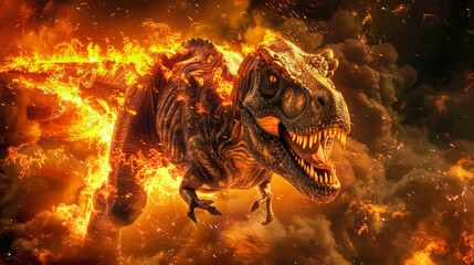 A dinosaur surrounded by flames in a fiery scene, illustrating the catastrophic event known as the...