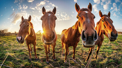 A herd of horses peacefully standing on the lush green field, their majestic presence blending...