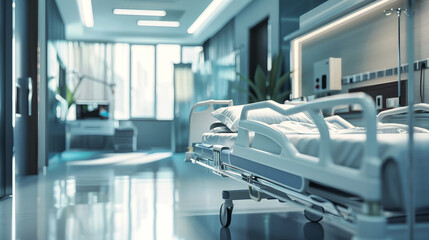 Fototapeta premium A hospital room featuring a bed and chairs for patients and visitors